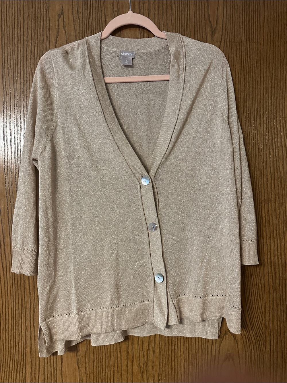 Chico's Shimmery Taupe Open V-Neck Button Cardigan